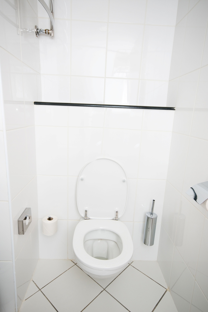 Ett ljust inrett badrum med mycket frist&auml;lld golvyta. V&auml;ggmonterad toalett som skapat en lite hyllsats med plats f&ouml;r toapapper.